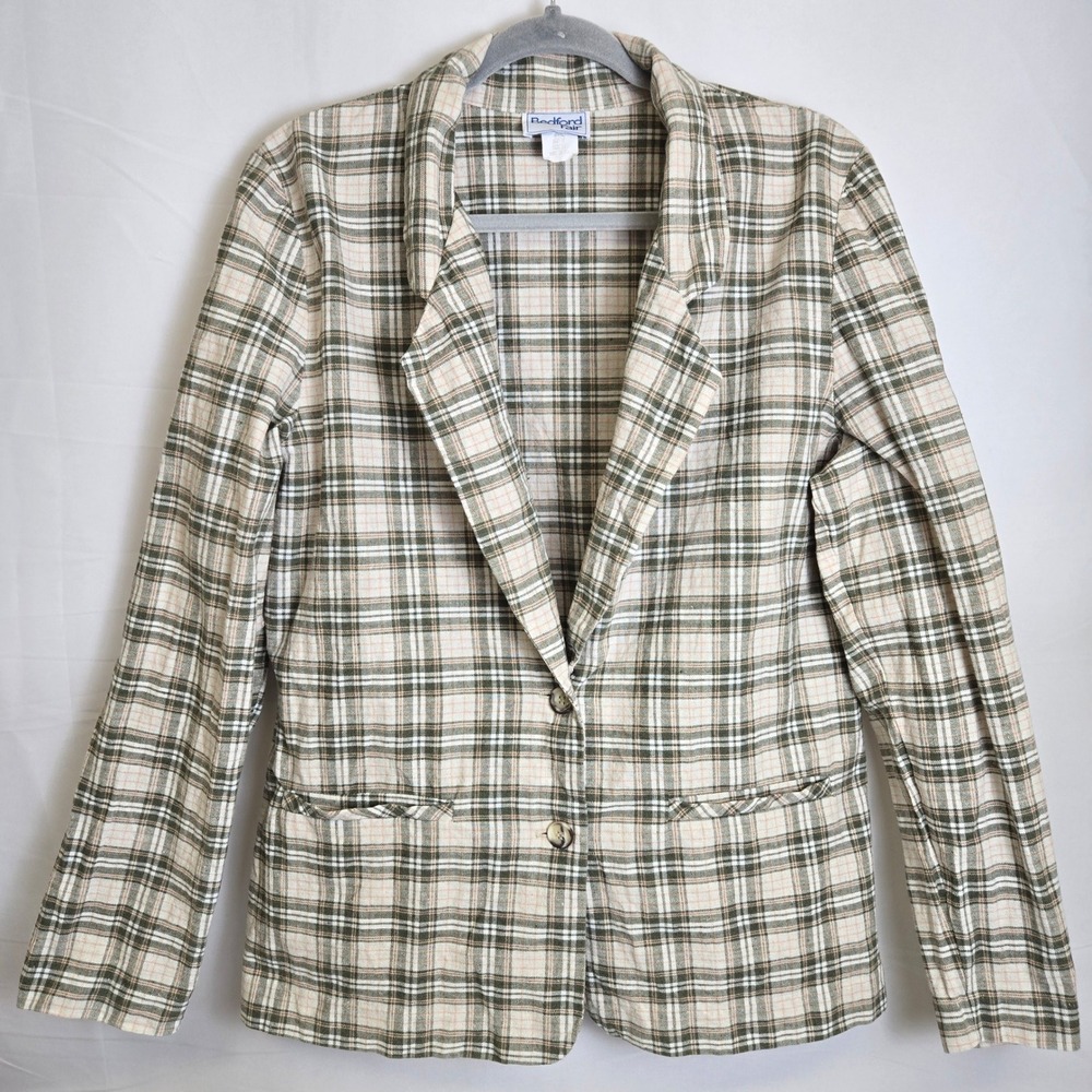Bedford Fair Plaid Linen Blend‎ Blazer, Beige Pink Green White, Size 14 Vintage